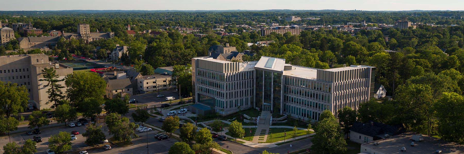 An aerial view of Luddy Hall, an academic building on the IU Bloomington Campus